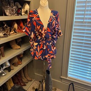 Yumi Kim Navy Floral Wrap Blouse with Orange Accents